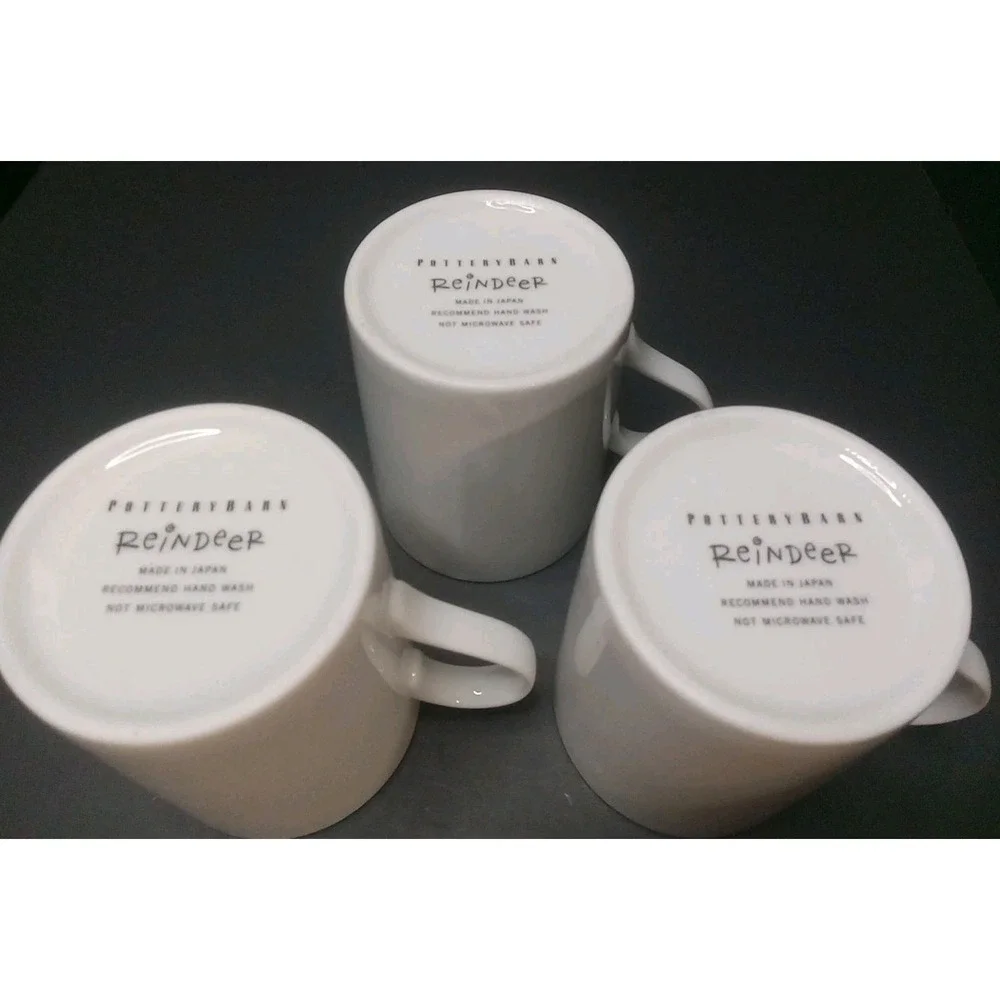 Pottery Barn Reindeer Mugs 12 Oz Silver Trim Lot Of 3 Blitzen Prancer Cupid